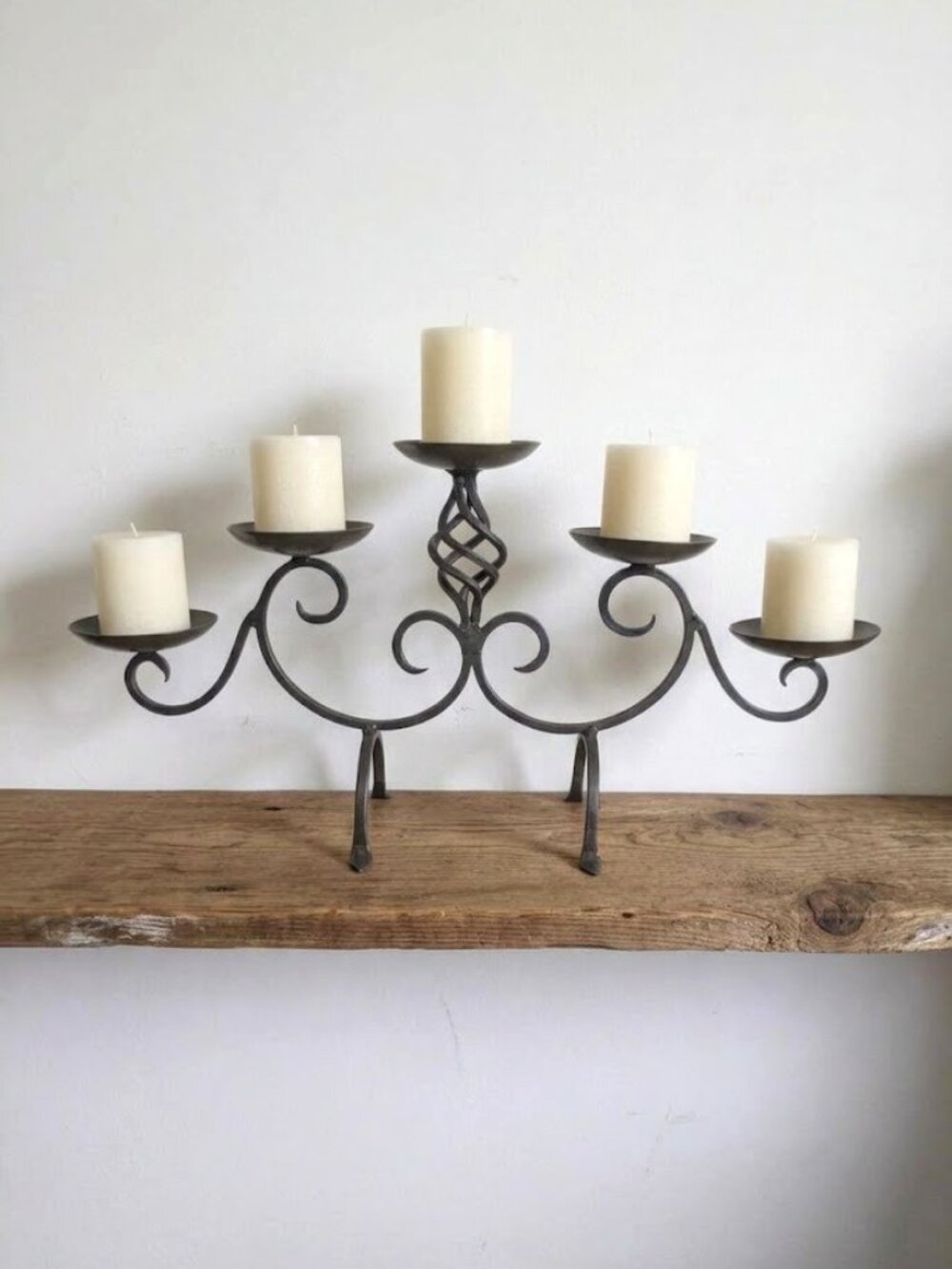 Wrought Iron Candelabra Centerpiece Scrollwork Pillar Candle Holder Charcoal Vtg